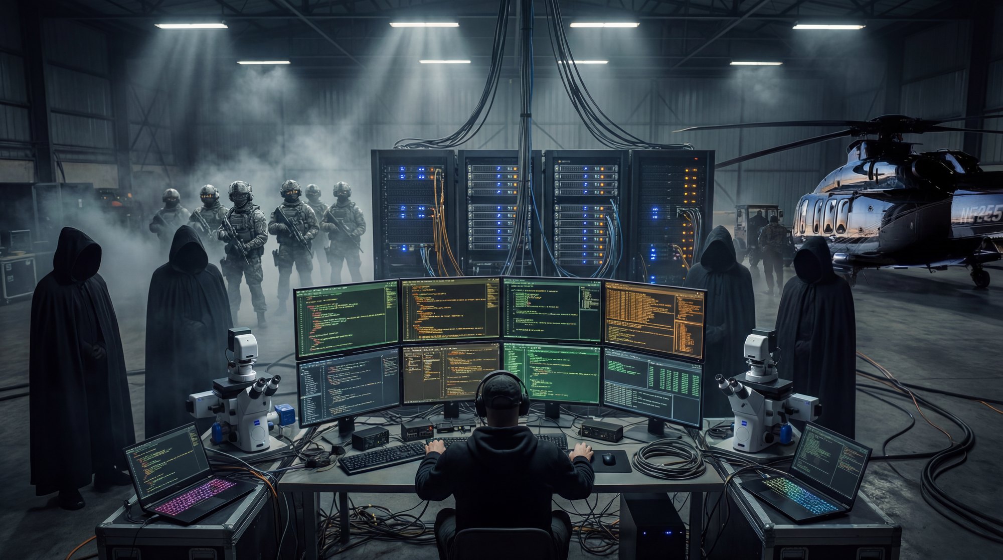 Covert cyber operations hangar with operator at multi-screen workstation
