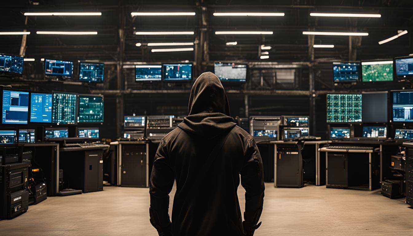 Hooded operator standing before a wall of surveillance monitors